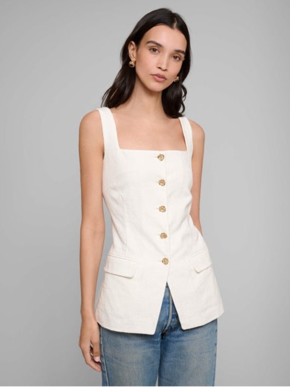 Pixie Market Agatha Gold Button Down Linen Top White